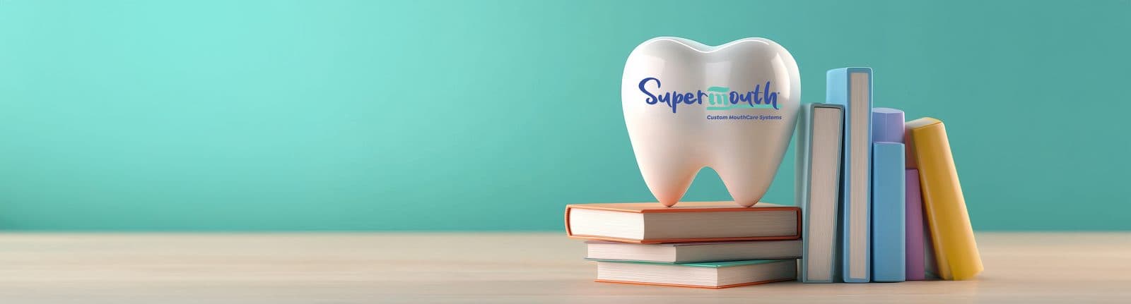 SuperMouth tooth on a stack of books